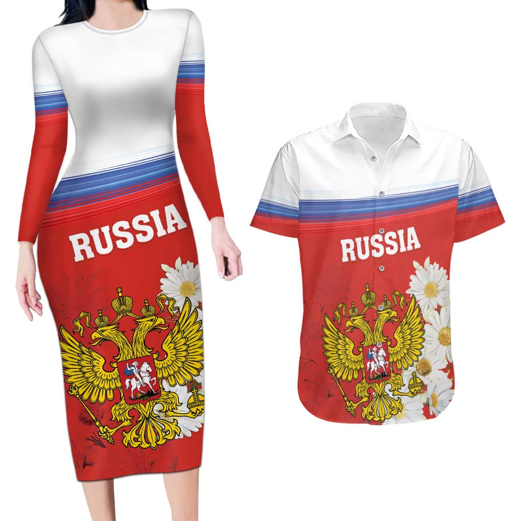 Personalized Russia Couples Matching Long Sleeve Bodycon Dress and Hawaiian Shirt Coat Of Arms With Chamomile Flower