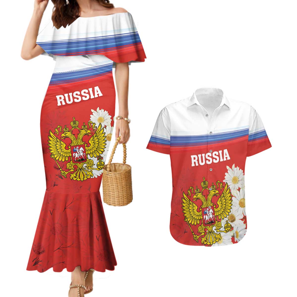 Personalized Russia Couples Matching Mermaid Dress and Hawaiian Shirt Coat Of Arms With Chamomile Flower