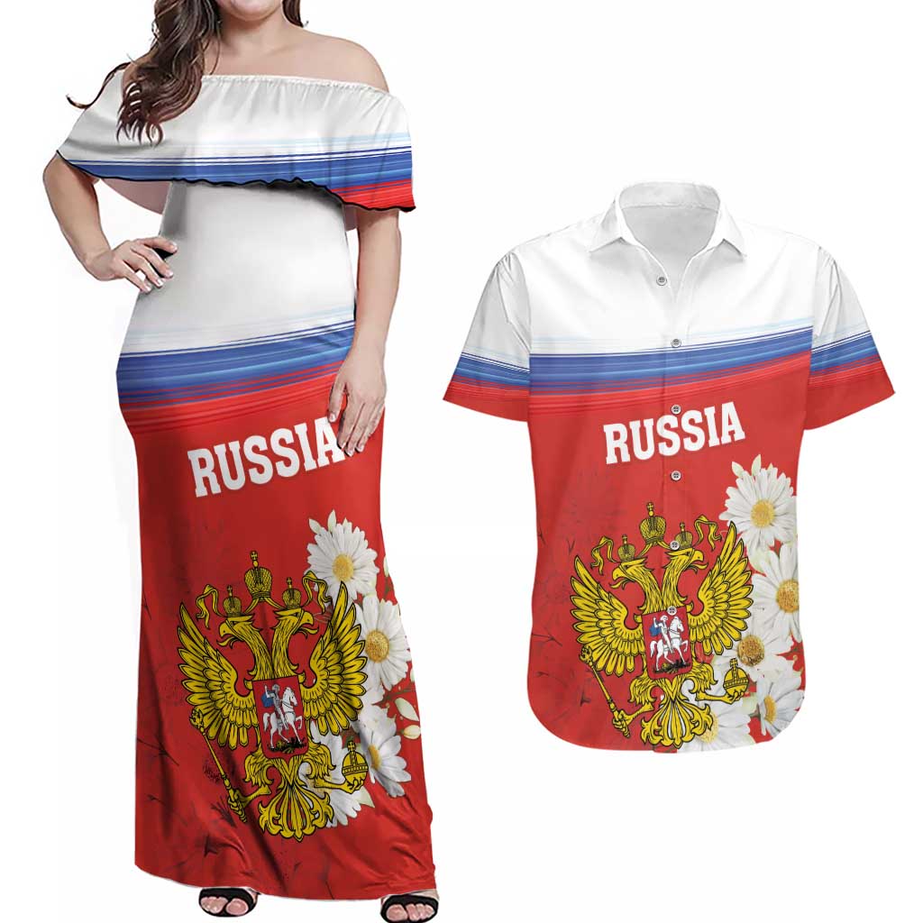 Personalized Russia Couples Matching Off Shoulder Maxi Dress and Hawaiian Shirt Coat Of Arms With Chamomile Flower