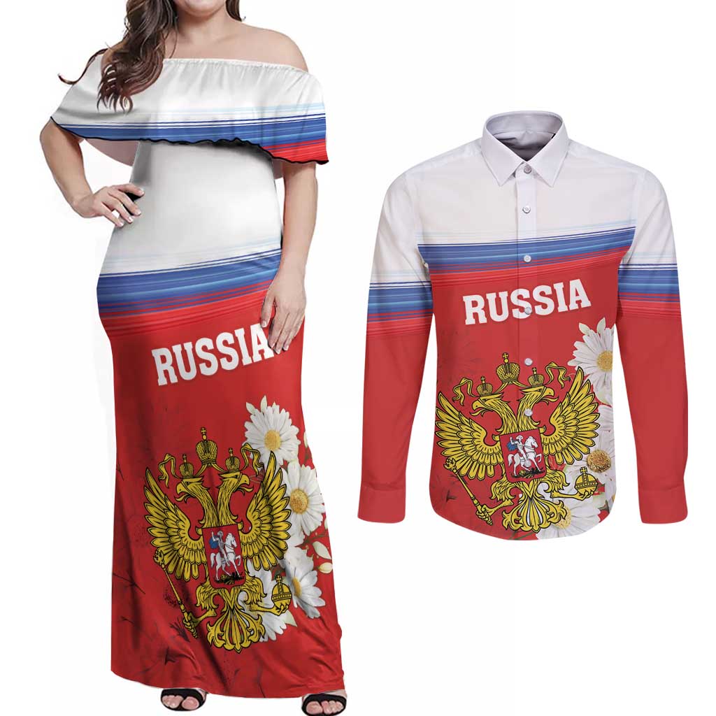 Personalized Russia Couples Matching Off Shoulder Maxi Dress and Long Sleeve Button Shirt Coat Of Arms With Chamomile Flower