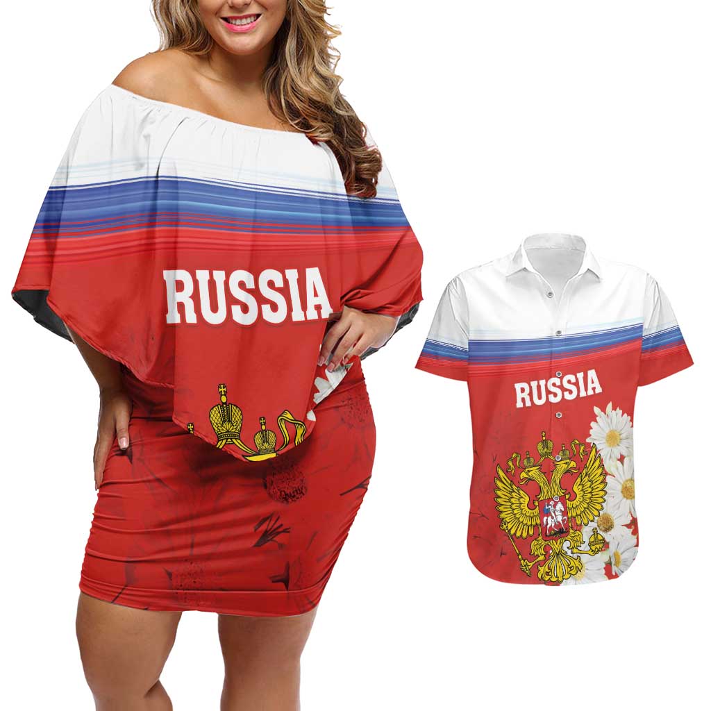 Personalized Russia Couples Matching Off Shoulder Short Dress and Hawaiian Shirt Coat Of Arms With Chamomile Flower