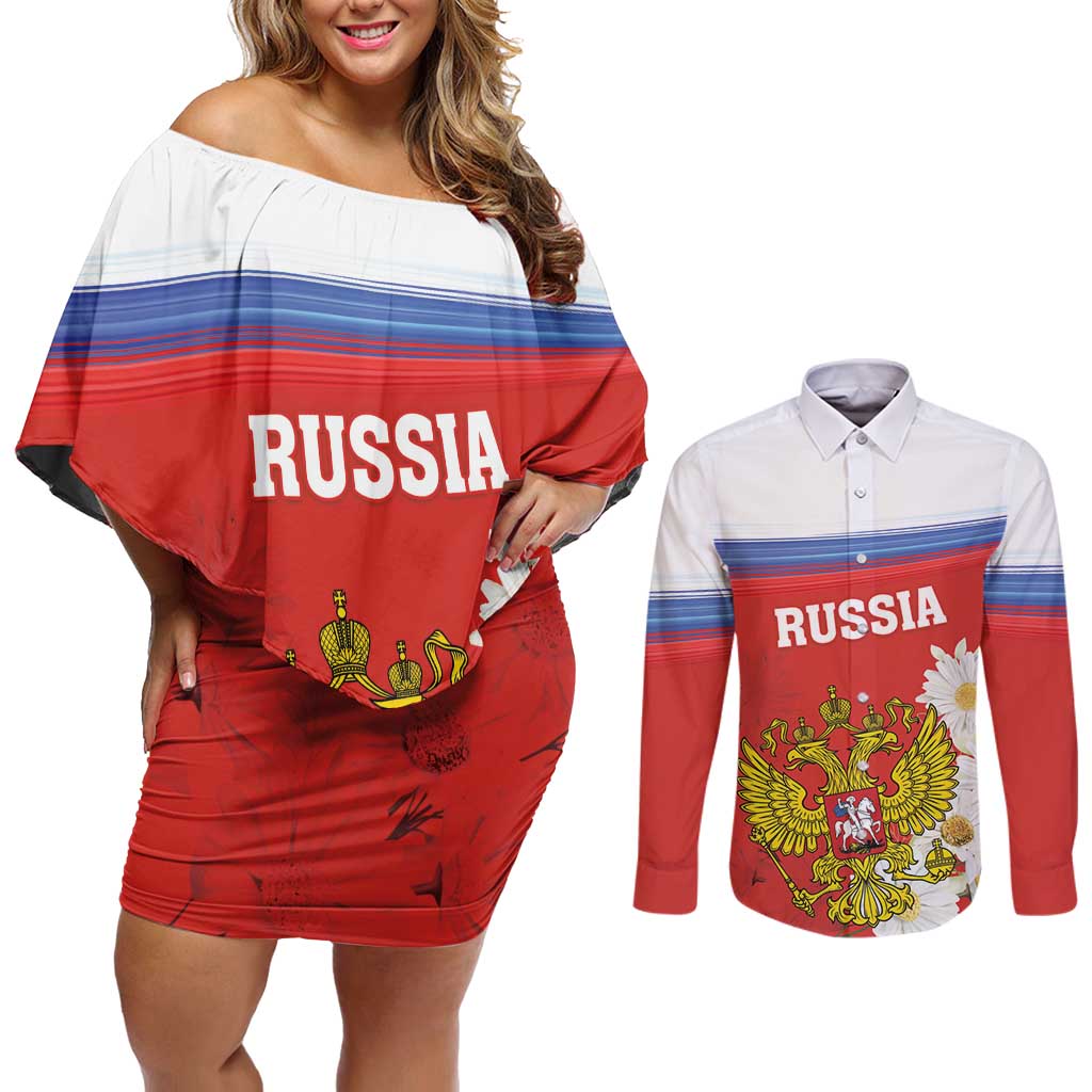 Personalized Russia Couples Matching Off Shoulder Short Dress and Long Sleeve Button Shirt Coat Of Arms With Chamomile Flower