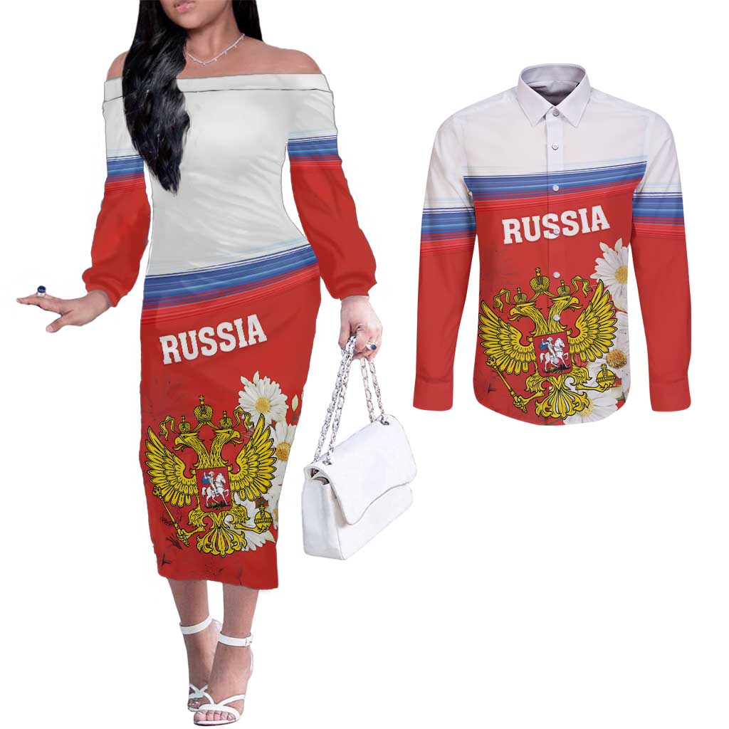 Personalized Russia Couples Matching Off The Shoulder Long Sleeve Dress and Long Sleeve Button Shirt Coat Of Arms With Chamomile Flower