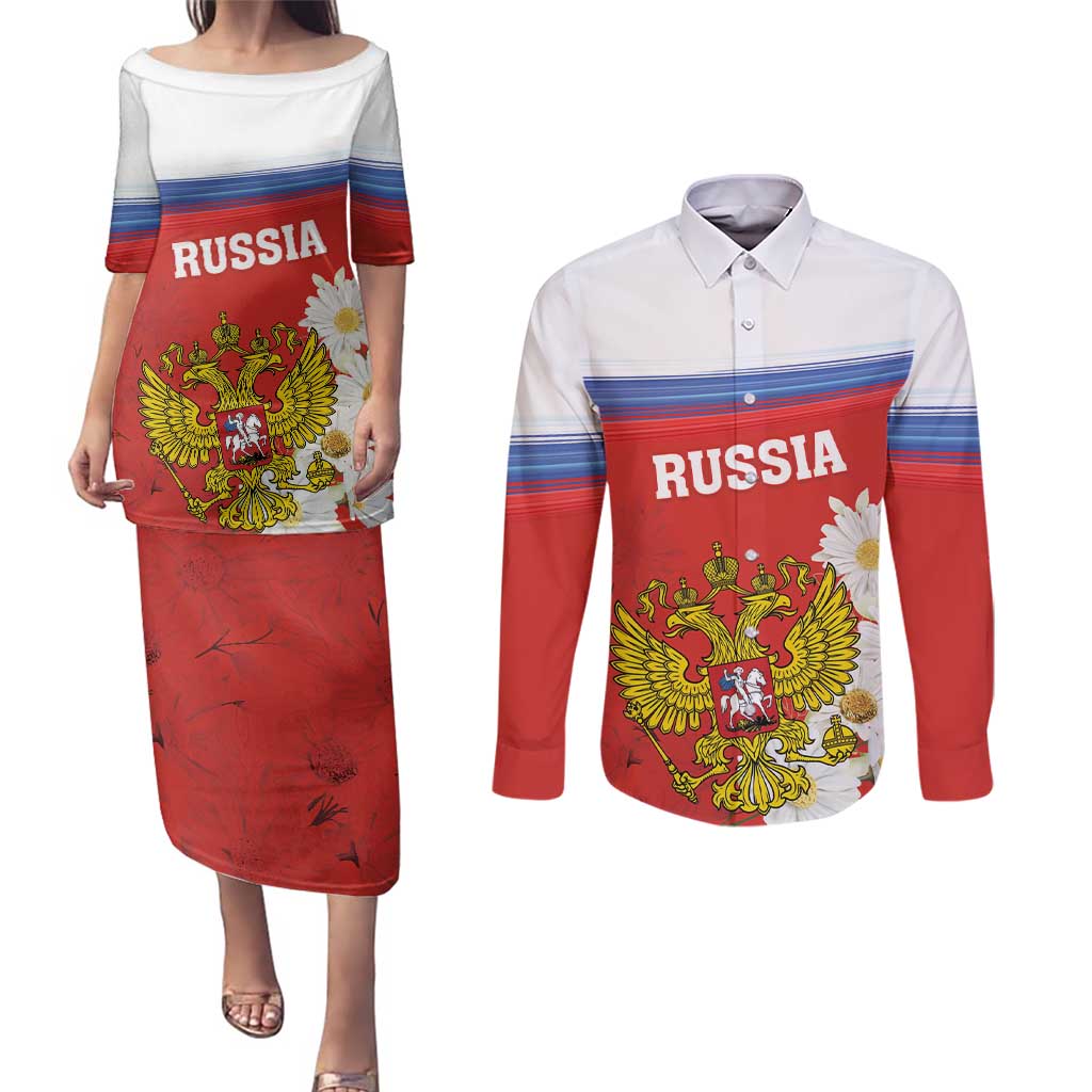 Personalized Russia Couples Matching Puletasi and Long Sleeve Button Shirt Coat Of Arms With Chamomile Flower