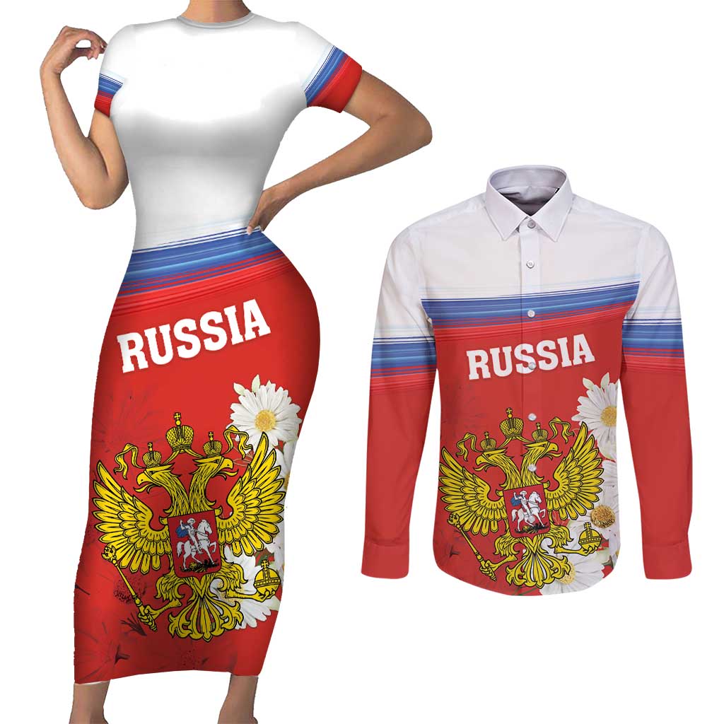 Personalized Russia Couples Matching Short Sleeve Bodycon Dress and Long Sleeve Button Shirt Coat Of Arms With Chamomile Flower