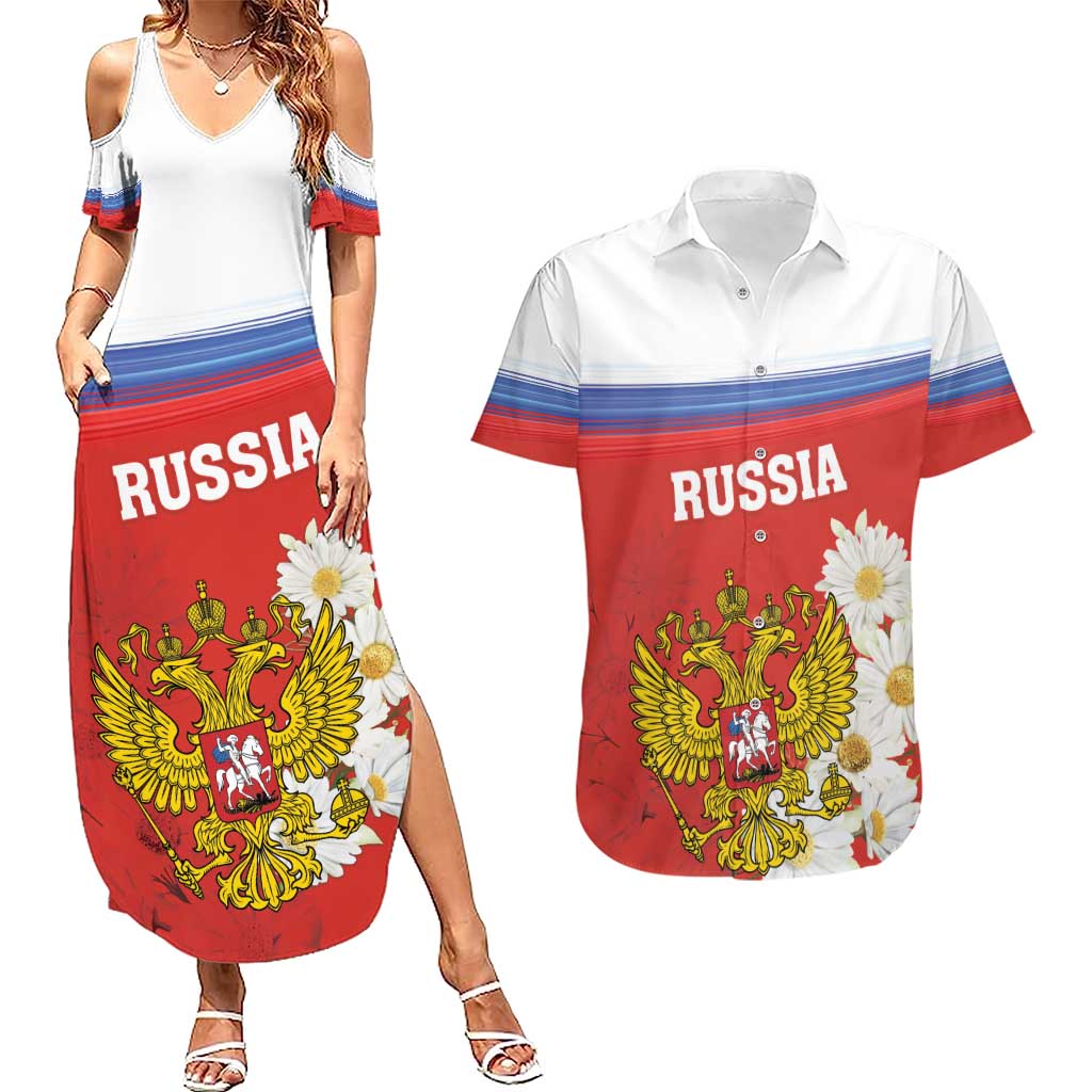 Personalized Russia Couples Matching Summer Maxi Dress and Hawaiian Shirt Coat Of Arms With Chamomile Flower