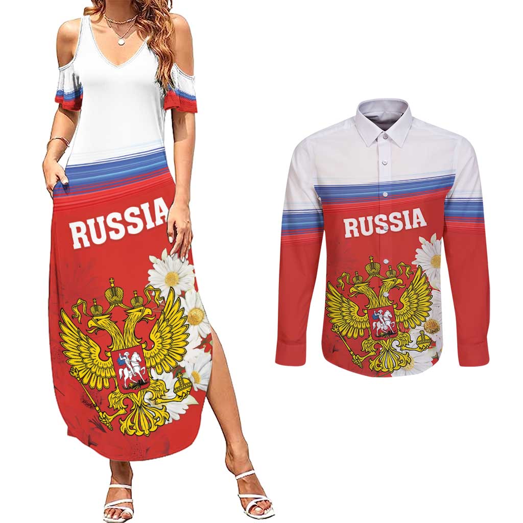 Personalized Russia Couples Matching Summer Maxi Dress and Long Sleeve Button Shirt Coat Of Arms With Chamomile Flower