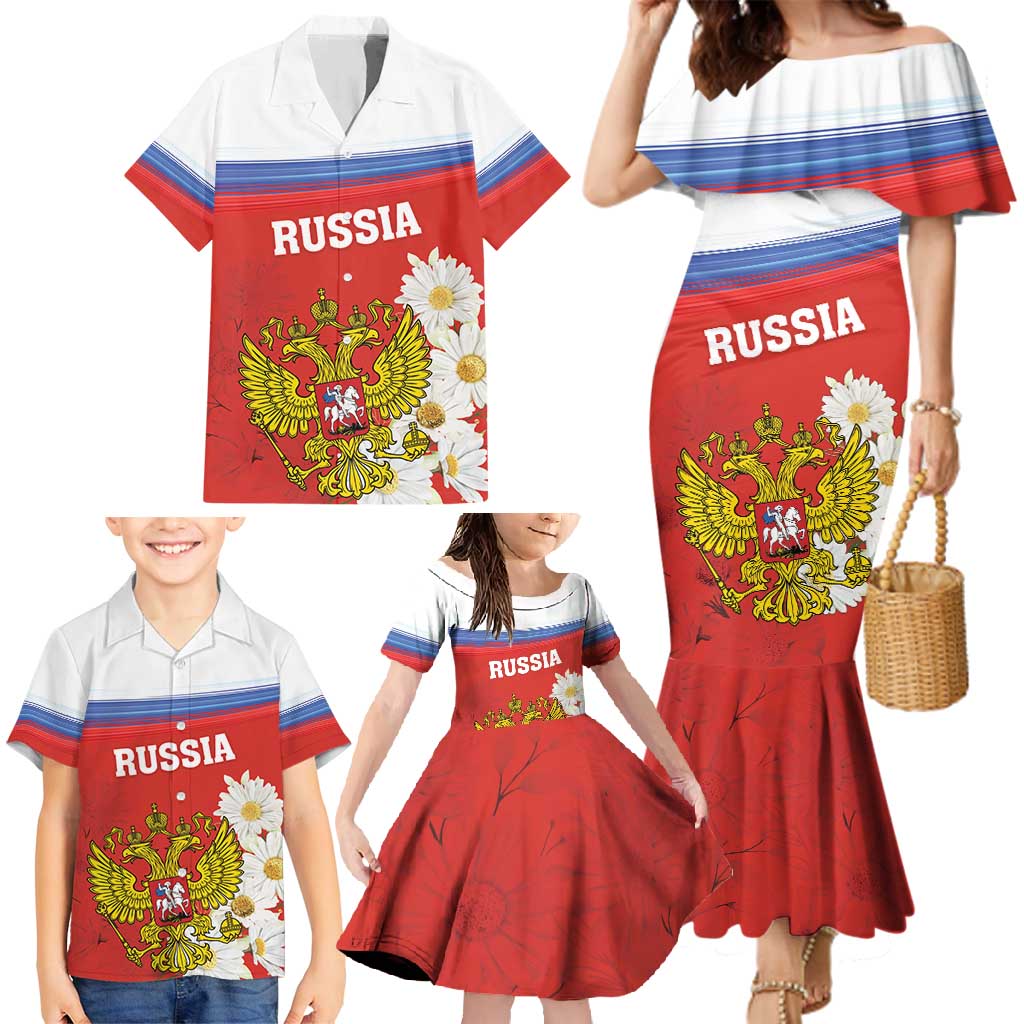 Personalized Russia Family Matching Mermaid Dress and Hawaiian Shirt Coat Of Arms With Chamomile Flower