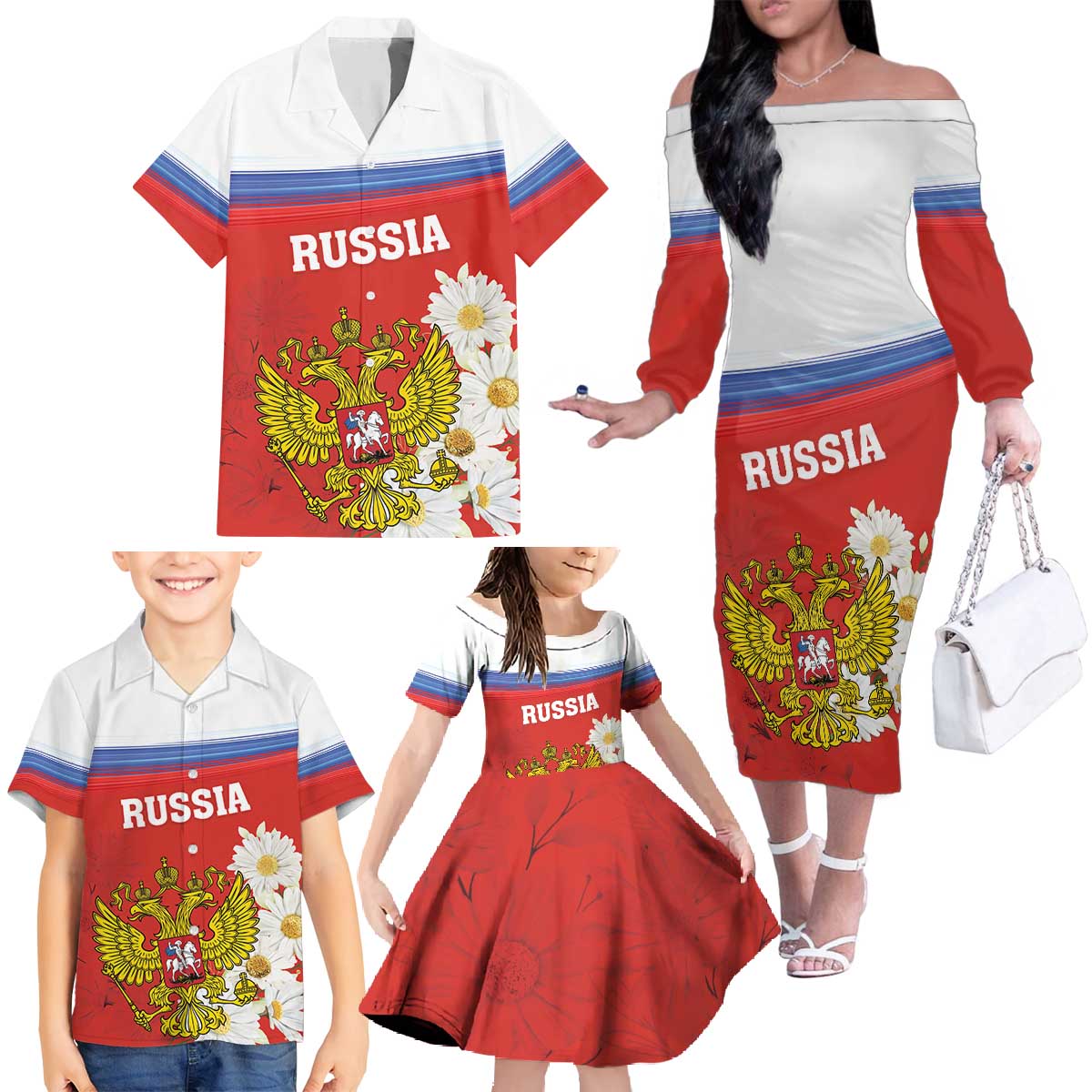 Personalized Russia Family Matching Off The Shoulder Long Sleeve Dress and Hawaiian Shirt Coat Of Arms With Chamomile Flower