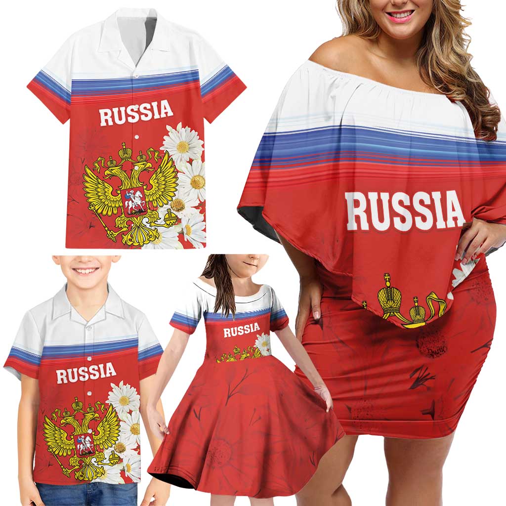 Personalized Russia Family Matching Off Shoulder Short Dress and Hawaiian Shirt Coat Of Arms With Chamomile Flower