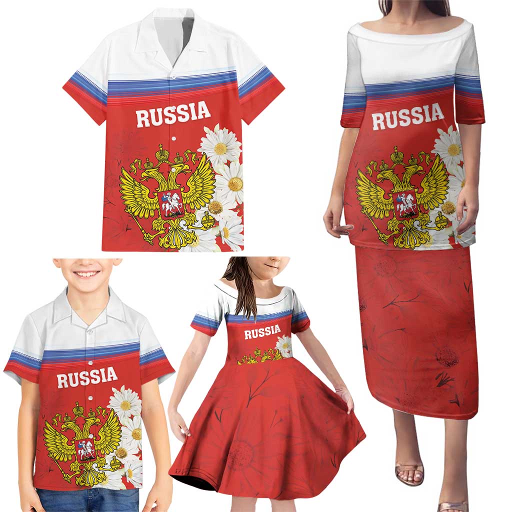 Personalized Russia Family Matching Puletasi and Hawaiian Shirt Coat Of Arms With Chamomile Flower