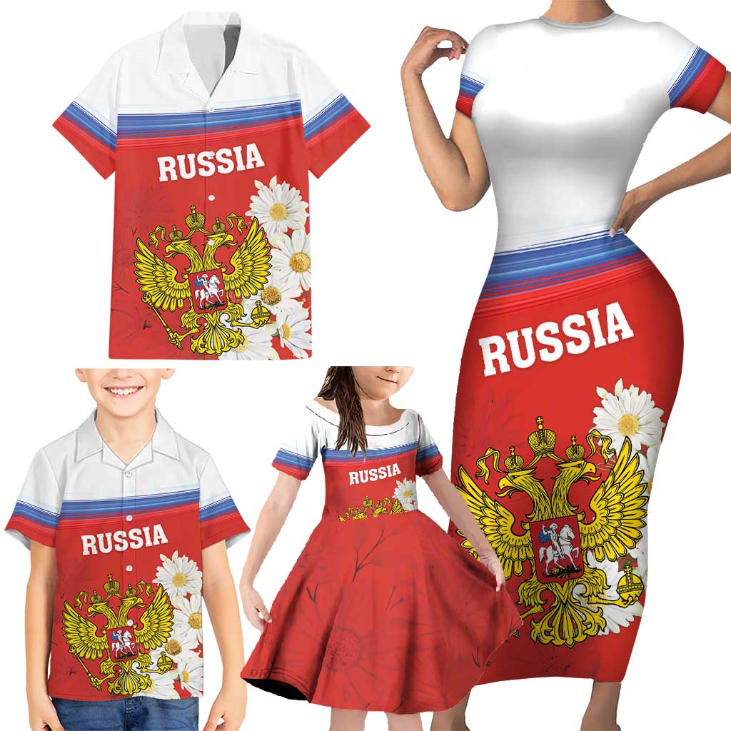 Personalized Russia Family Matching Short Sleeve Bodycon Dress and Hawaiian Shirt Coat Of Arms With Chamomile Flower