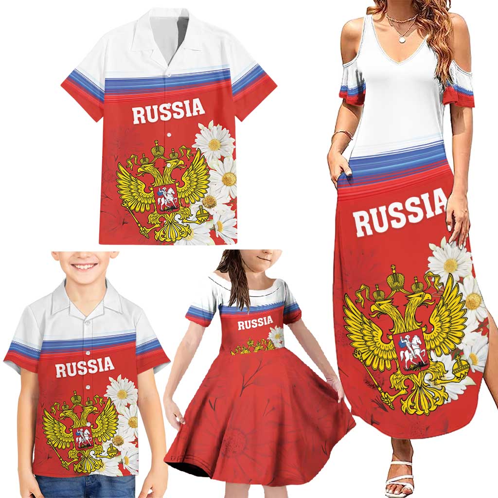 Personalized Russia Family Matching Summer Maxi Dress and Hawaiian Shirt Coat Of Arms With Chamomile Flower