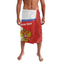Red wrap-style knee-length skirt with elastic waistband, coat-of-arms print and chamomile