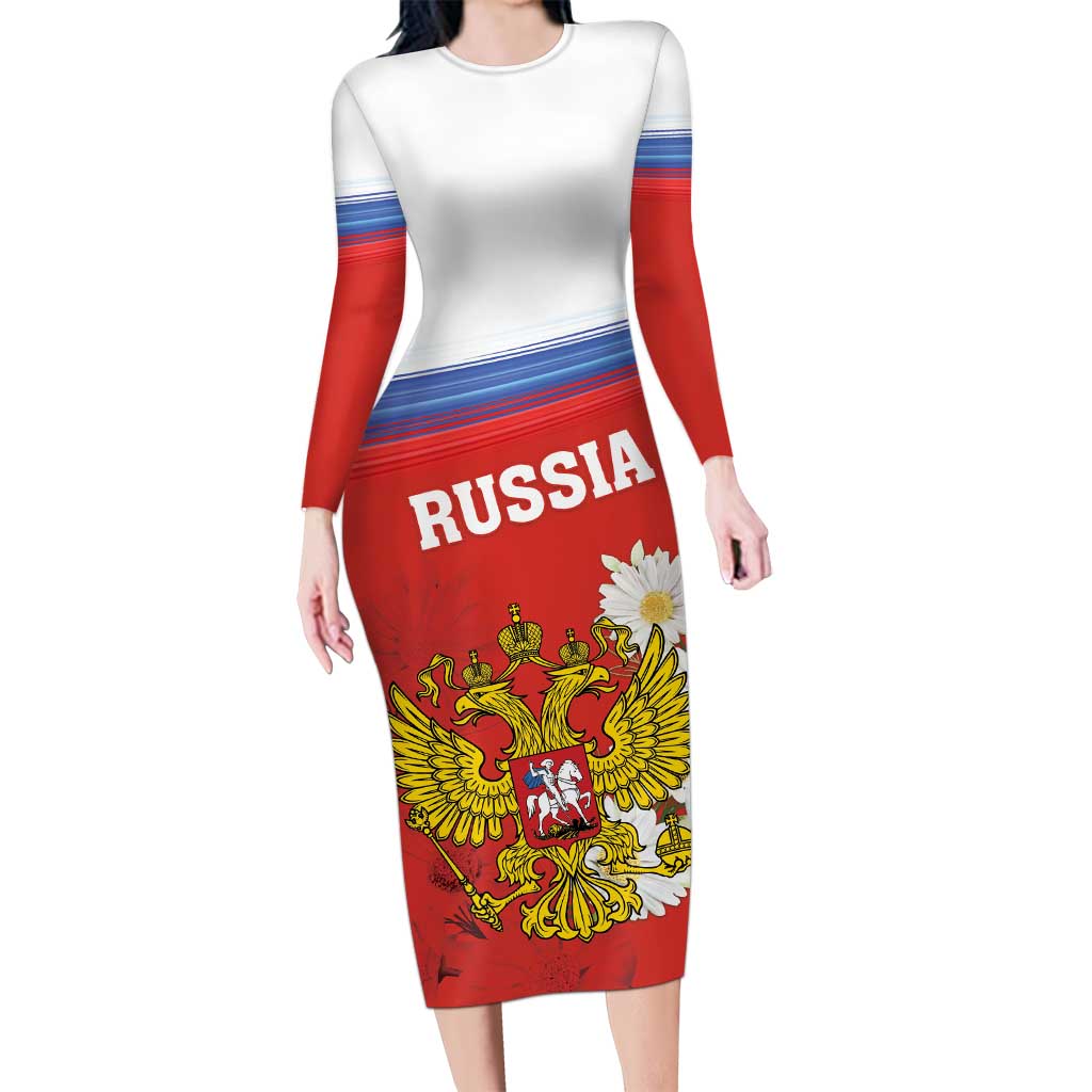 Personalized Russia Long Sleeve Bodycon Dress Coat Of Arms With Chamomile Flower