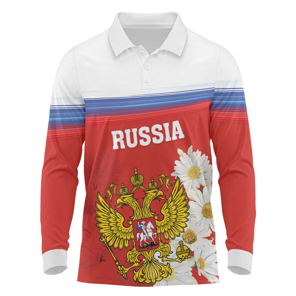 Personalized Russia Long Sleeve Polo Shirt Coat Of Arms With Chamomile Flower