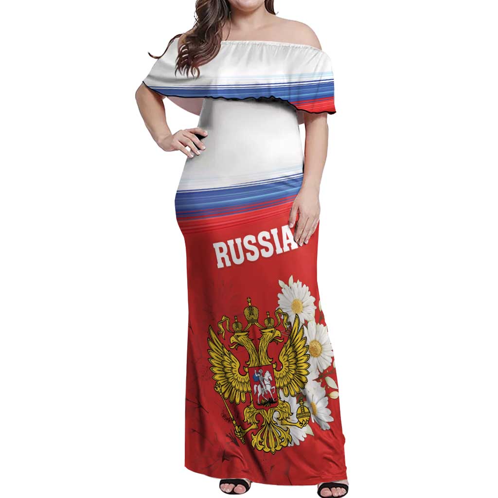 Personalized Russia Off Shoulder Maxi Dress Coat Of Arms With Chamomile Flower