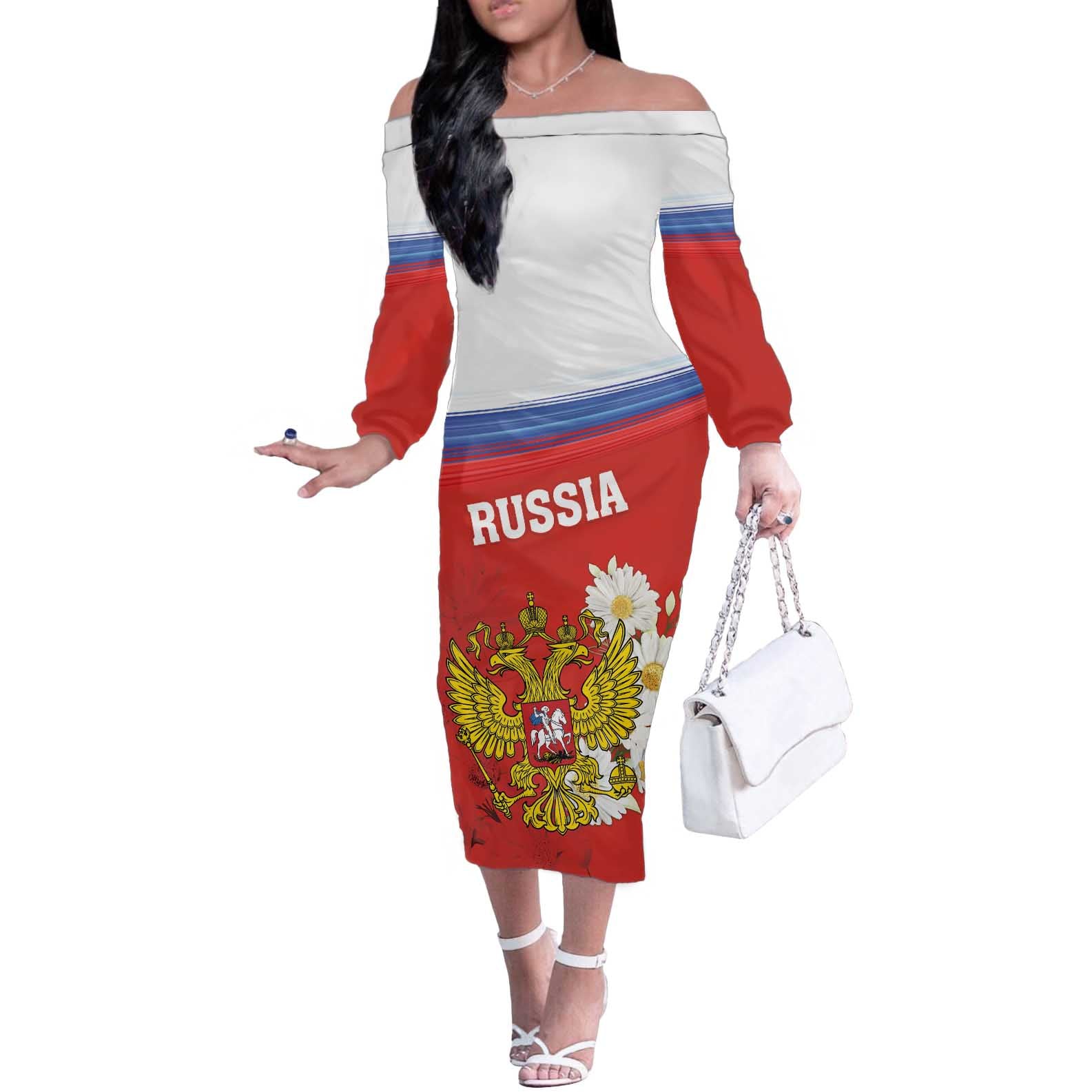 Personalized Russia Off The Shoulder Long Sleeve Dress Coat Of Arms With Chamomile Flower