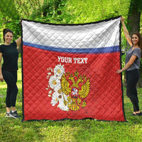 Red quilt blanket with blue stripe, “YOUR TEXT” panel, and eagle coat of arms