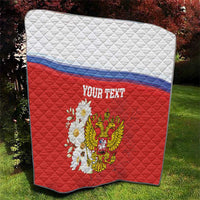 Red and white quilt blanket with blue stripe, “YOUR TEXT”, and eagle coat of arms