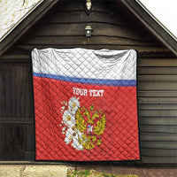 Red quilt blanket with blue stripe and “YOUR TEXT”, featuring eagle coat of arms and daisies