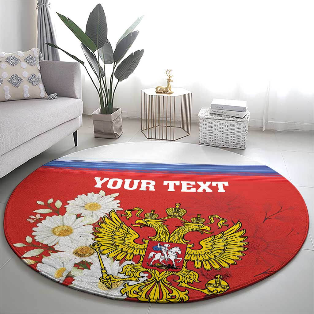 Red round rug with blue stripe and heraldic lion coat of arms, chamomile blossoms