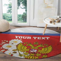 Red round rug with blue stripe, 'YOUR TEXT' across center, coat of arms and flowers