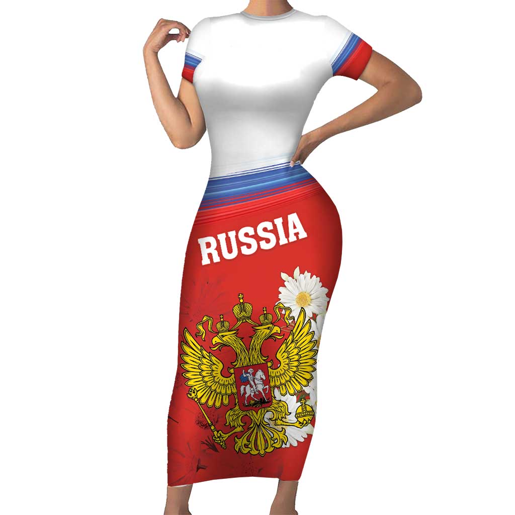 Personalized Russia Short Sleeve Bodycon Dress Coat Of Arms With Chamomile Flower