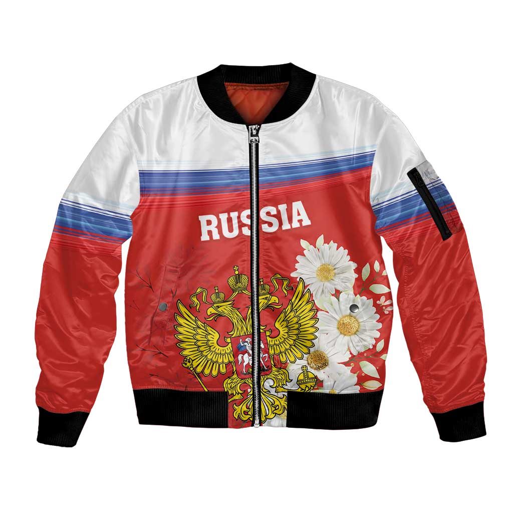 Personalized Russia Sleeve Zip Bomber Jacket Coat Of Arms With Chamomile Flower