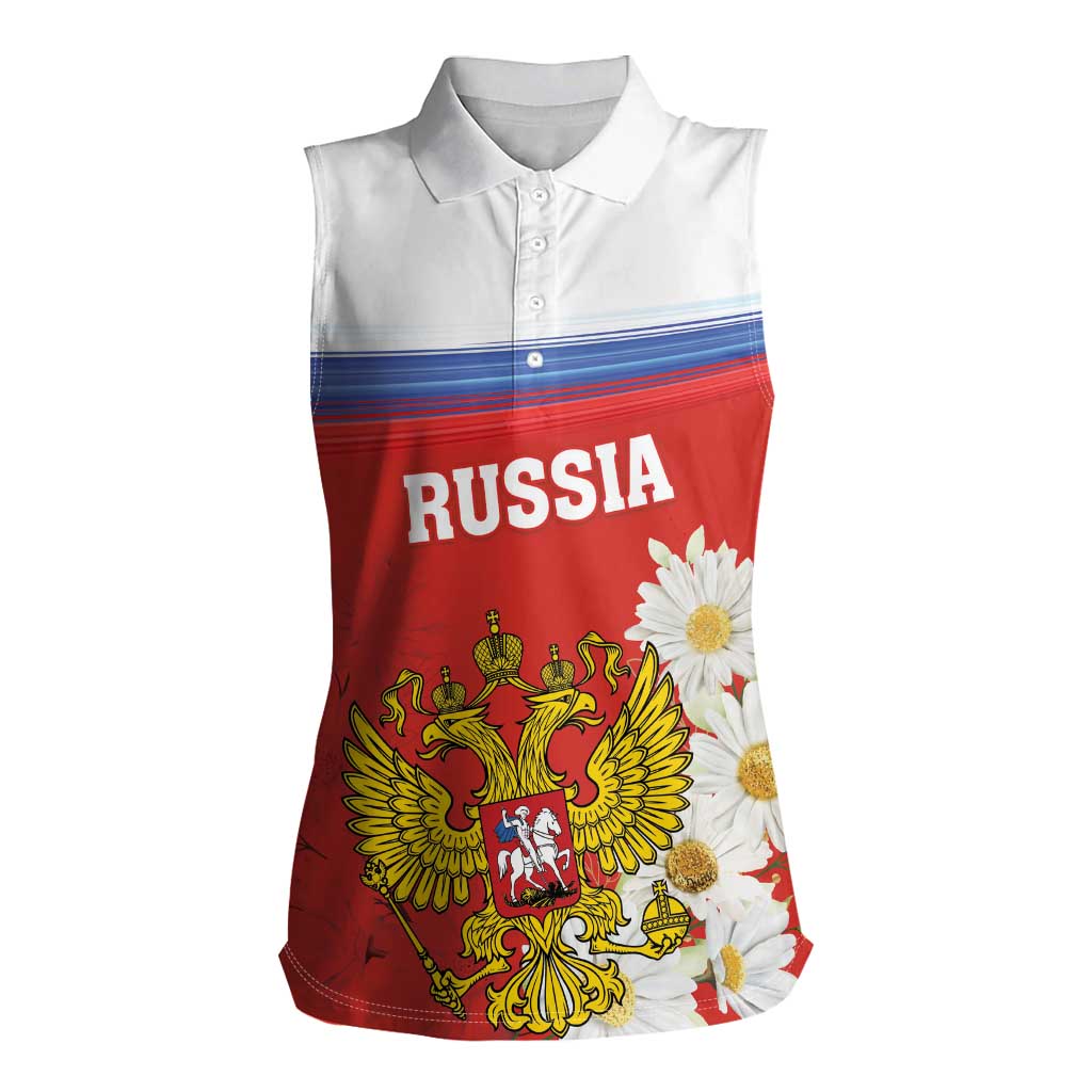 Personalized Russia Women Sleeveless Polo Shirt Coat Of Arms With Chamomile Flower