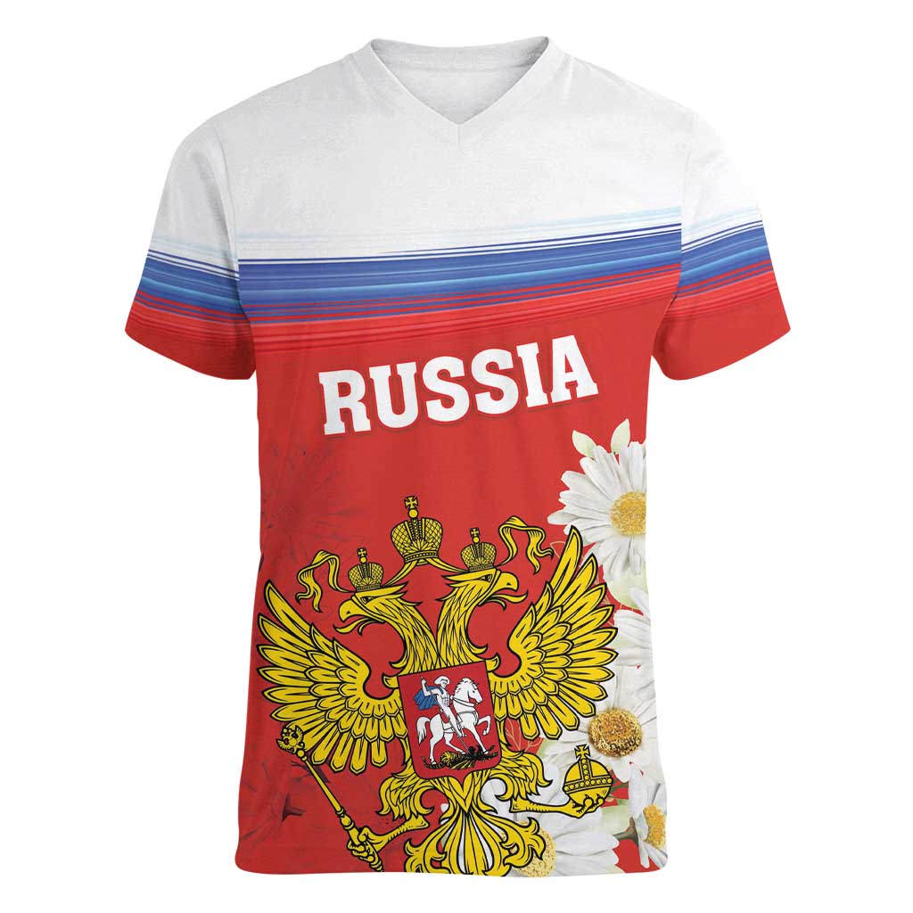 Personalized Russia Women V-Neck T-Shirt Coat Of Arms With Chamomile Flower