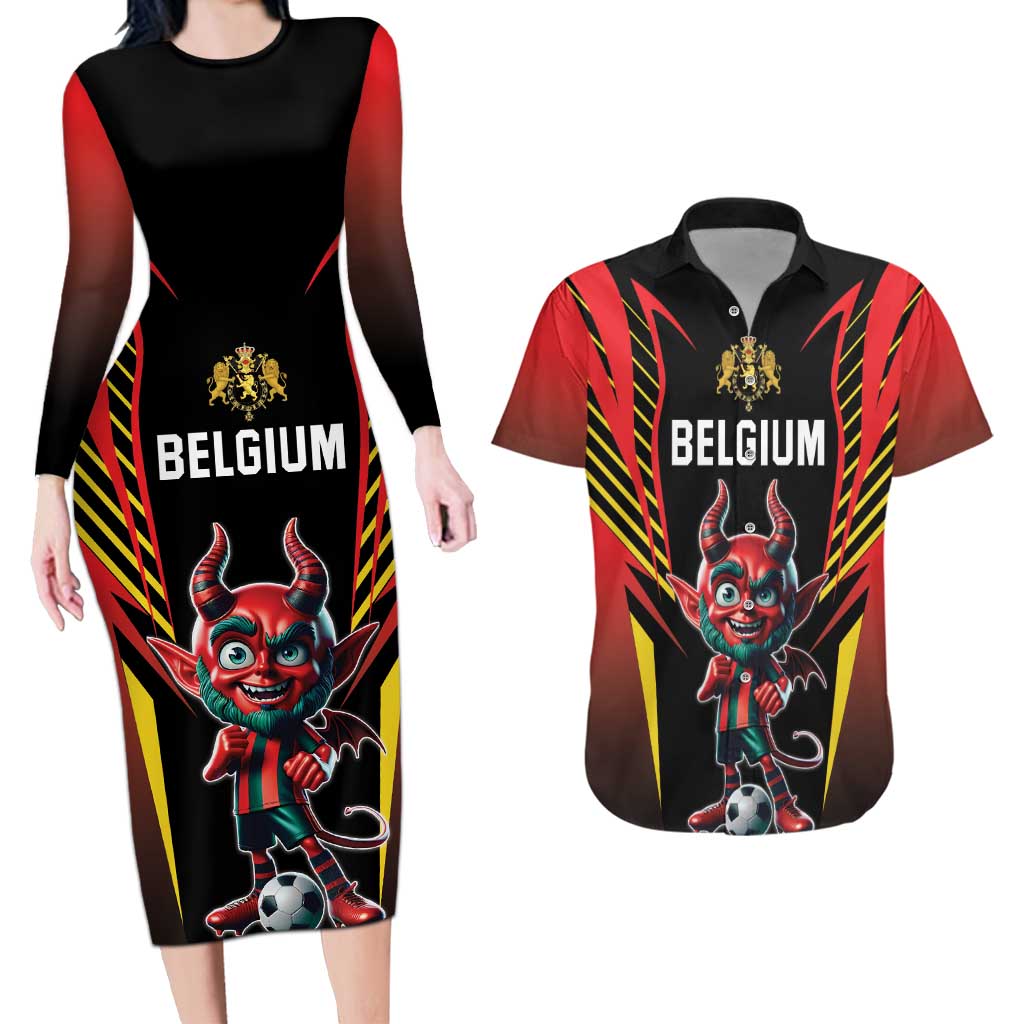 Custom Belgium Football Couples Matching Long Sleeve Bodycon Dress and Hawaiian Shirt Les Diables rouges Devil Mascot