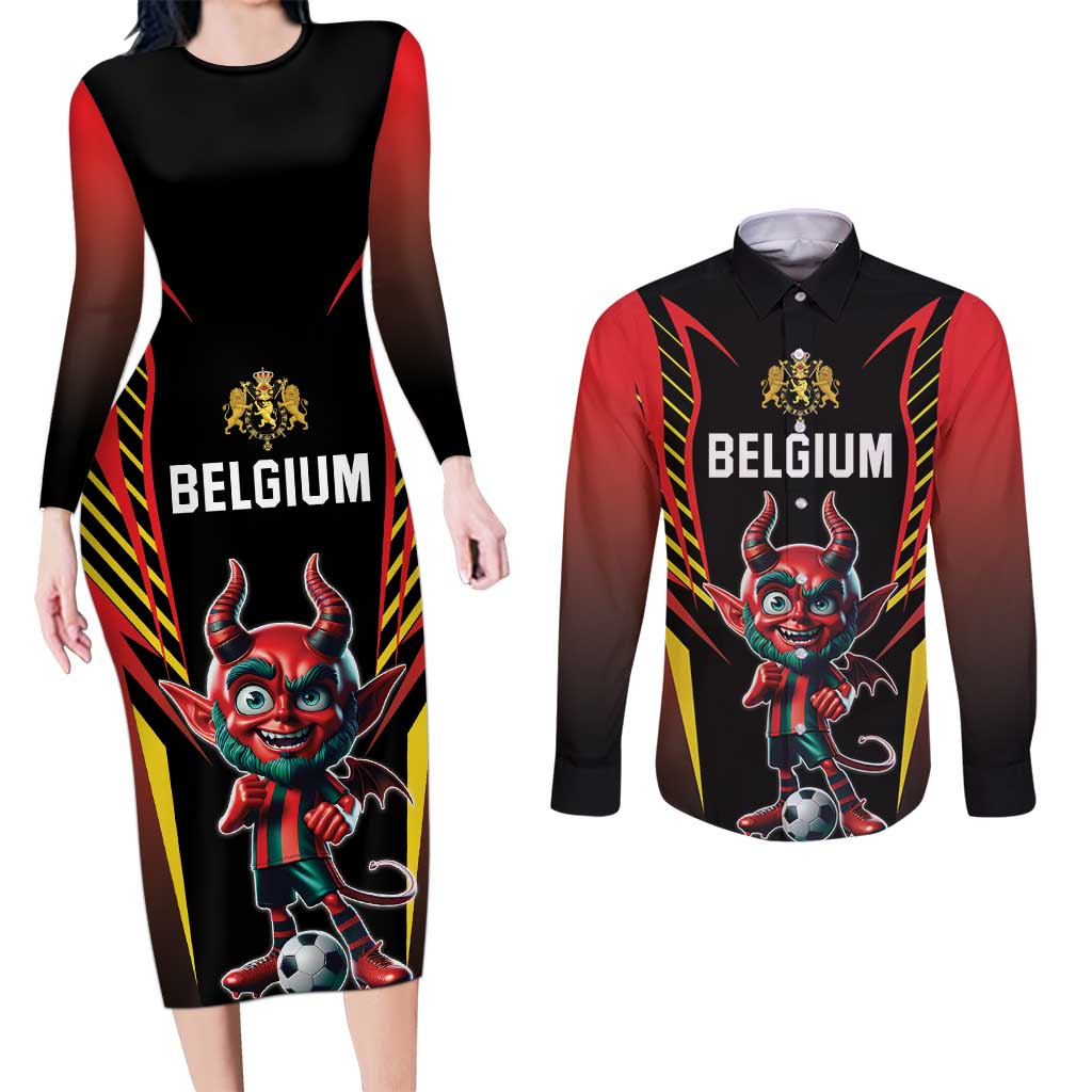 Custom Belgium Football Couples Matching Long Sleeve Bodycon Dress and Long Sleeve Button Shirt Les Diables rouges Devil Mascot