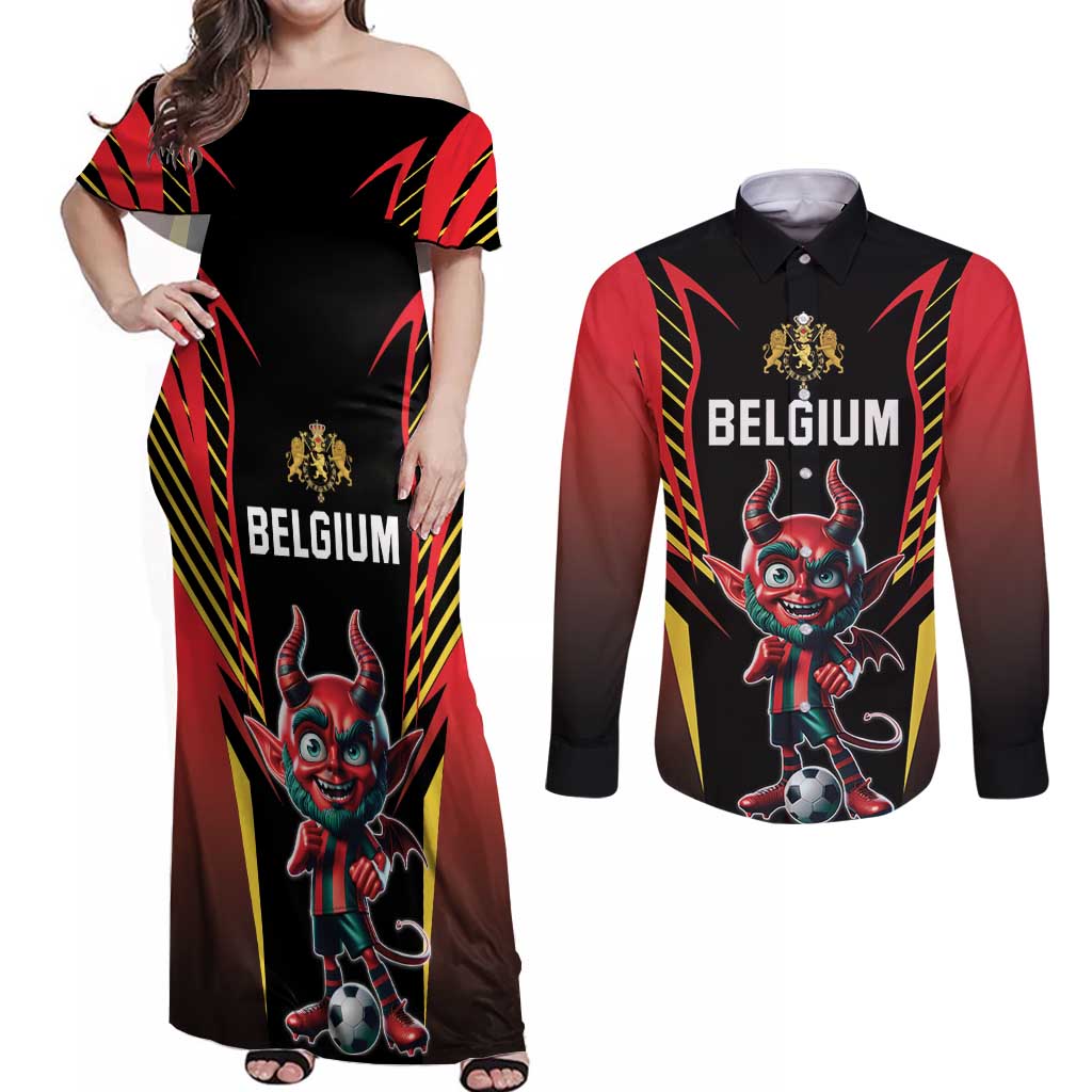 Custom Belgium Football Couples Matching Off Shoulder Maxi Dress and Long Sleeve Button Shirt Les Diables rouges Devil Mascot