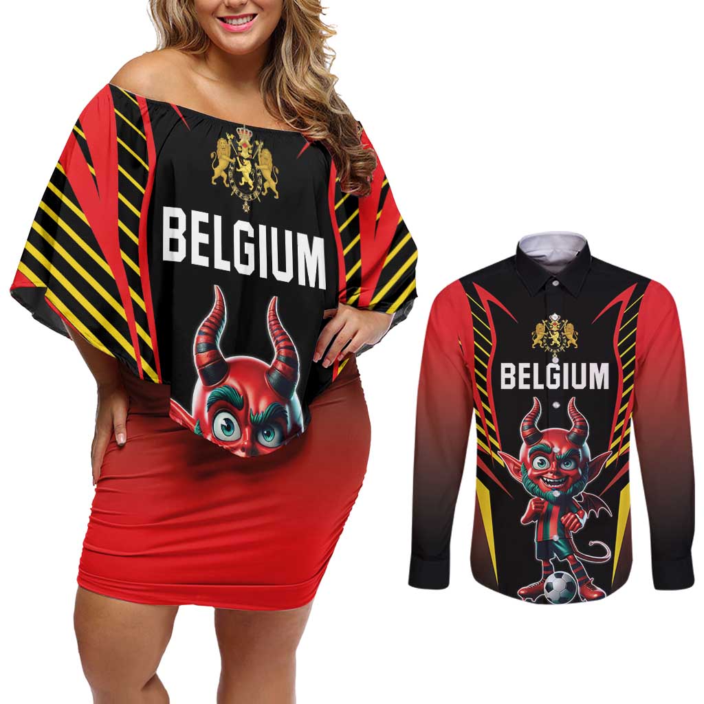 Custom Belgium Football Couples Matching Off Shoulder Short Dress and Long Sleeve Button Shirt Les Diables rouges Devil Mascot