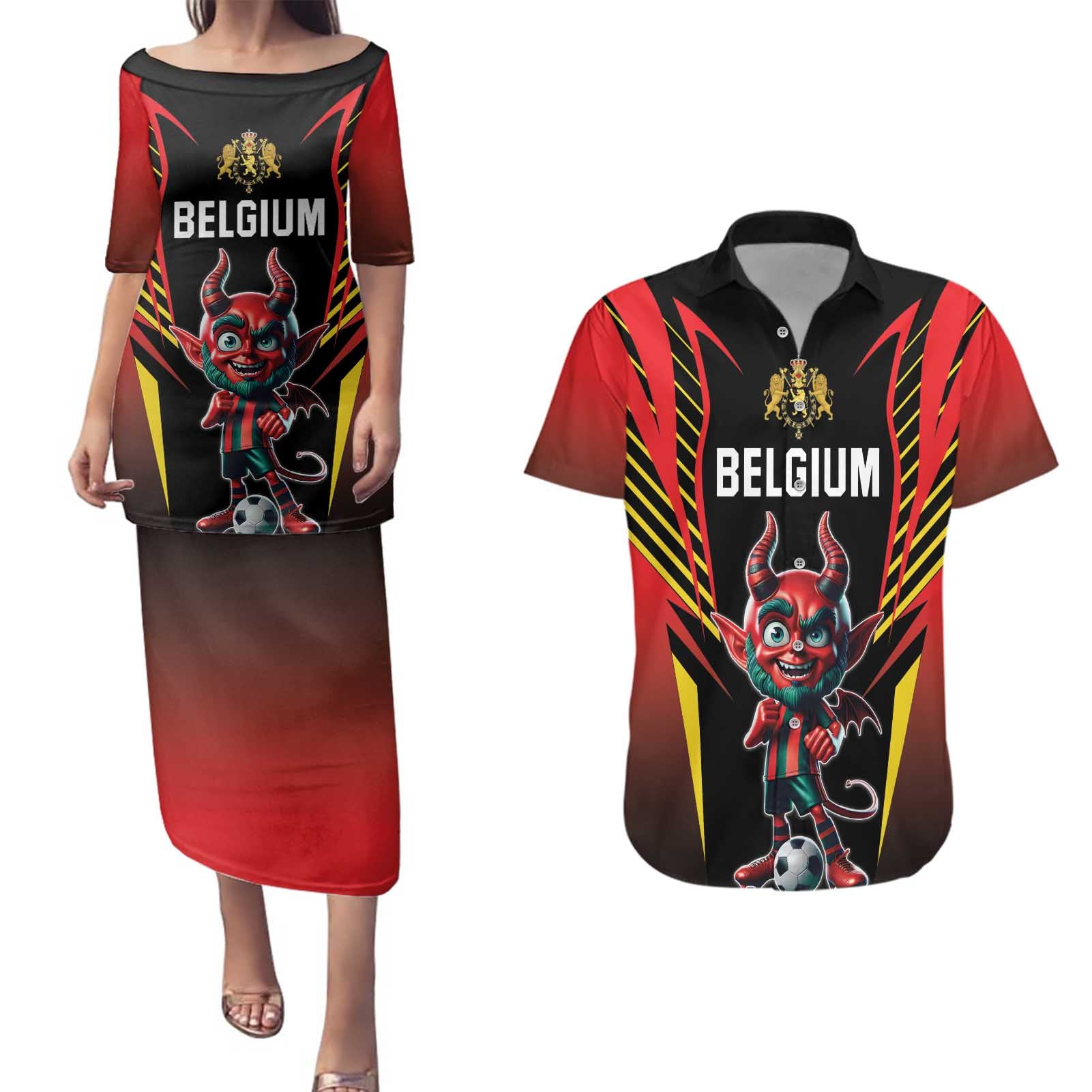 Custom Belgium Football Couples Matching Puletasi and Hawaiian Shirt Les Diables rouges Devil Mascot