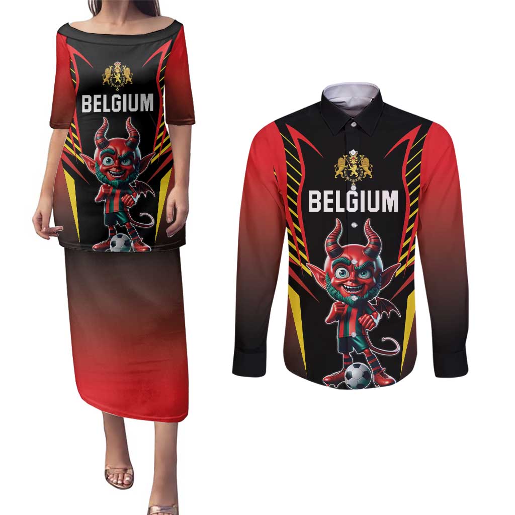 Custom Belgium Football Couples Matching Puletasi and Long Sleeve Button Shirt Les Diables rouges Devil Mascot