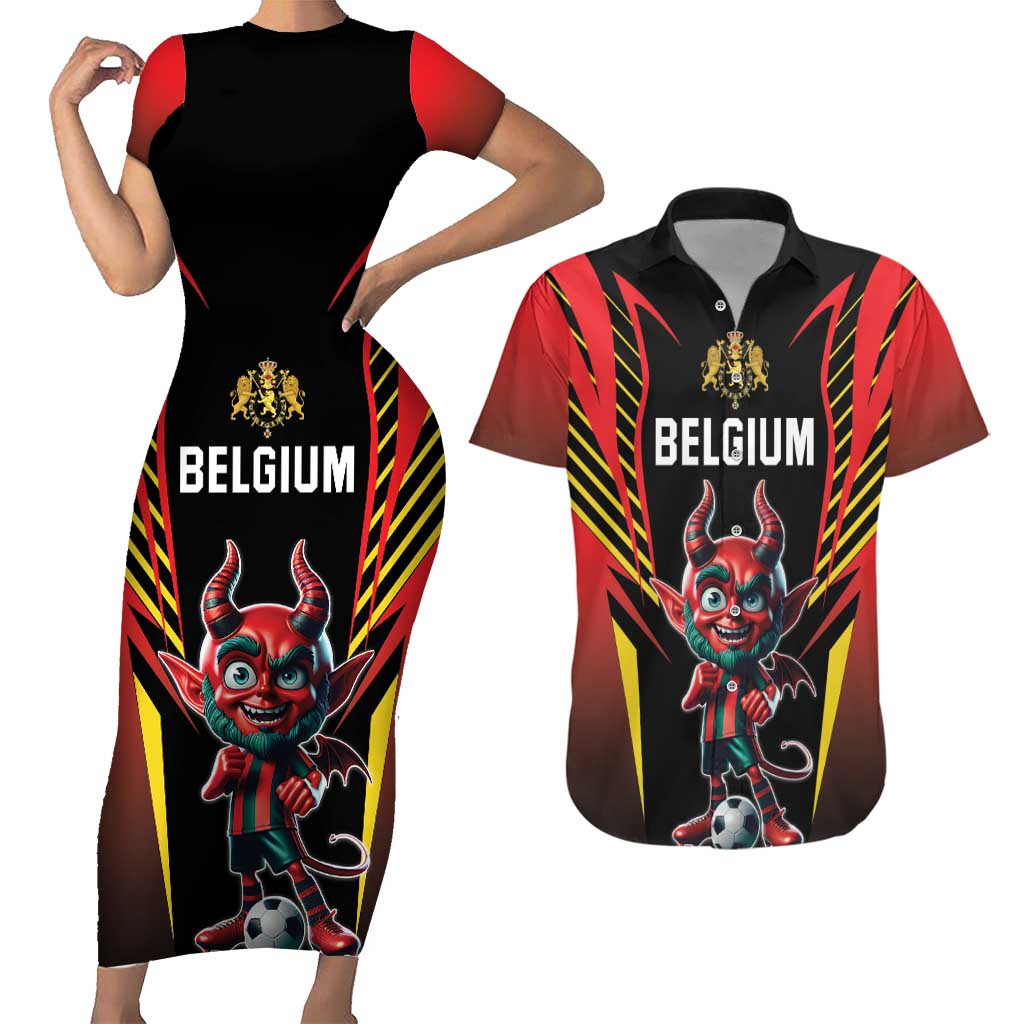 Custom Belgium Football Couples Matching Short Sleeve Bodycon Dress and Hawaiian Shirt Les Diables rouges Devil Mascot