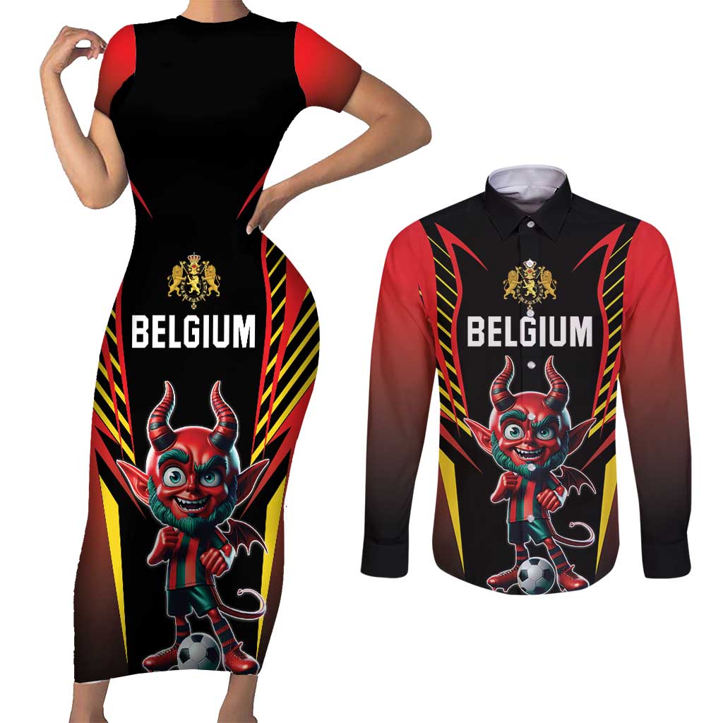 Custom Belgium Football Couples Matching Short Sleeve Bodycon Dress and Long Sleeve Button Shirt Les Diables rouges Devil Mascot