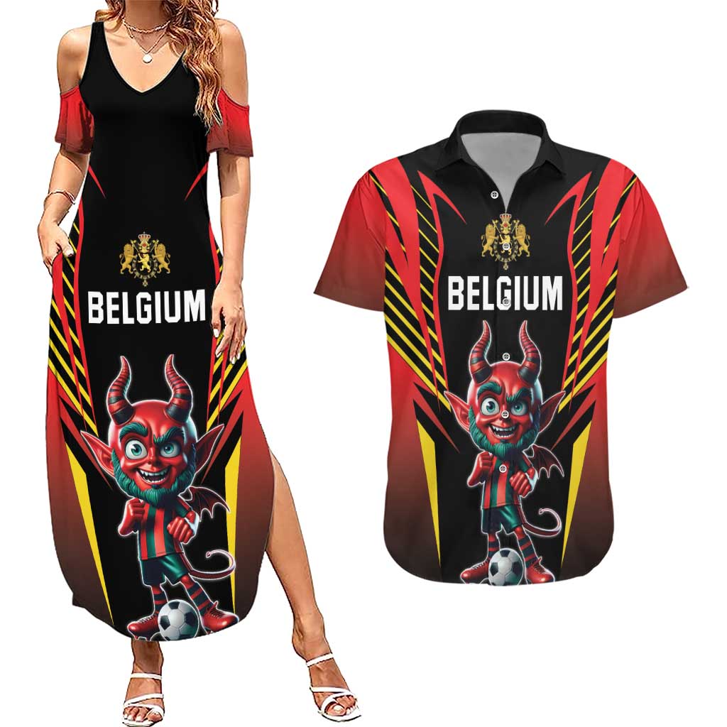 Custom Belgium Football Couples Matching Summer Maxi Dress and Hawaiian Shirt Les Diables rouges Devil Mascot