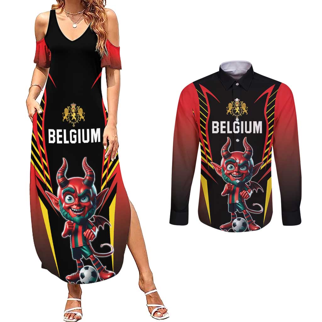 Custom Belgium Football Couples Matching Summer Maxi Dress and Long Sleeve Button Shirt Les Diables rouges Devil Mascot