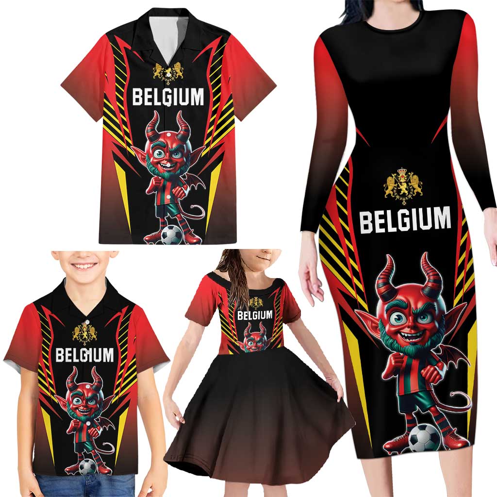 Custom Belgium Football Family Matching Long Sleeve Bodycon Dress and Hawaiian Shirt Les Diables rouges Devil Mascot