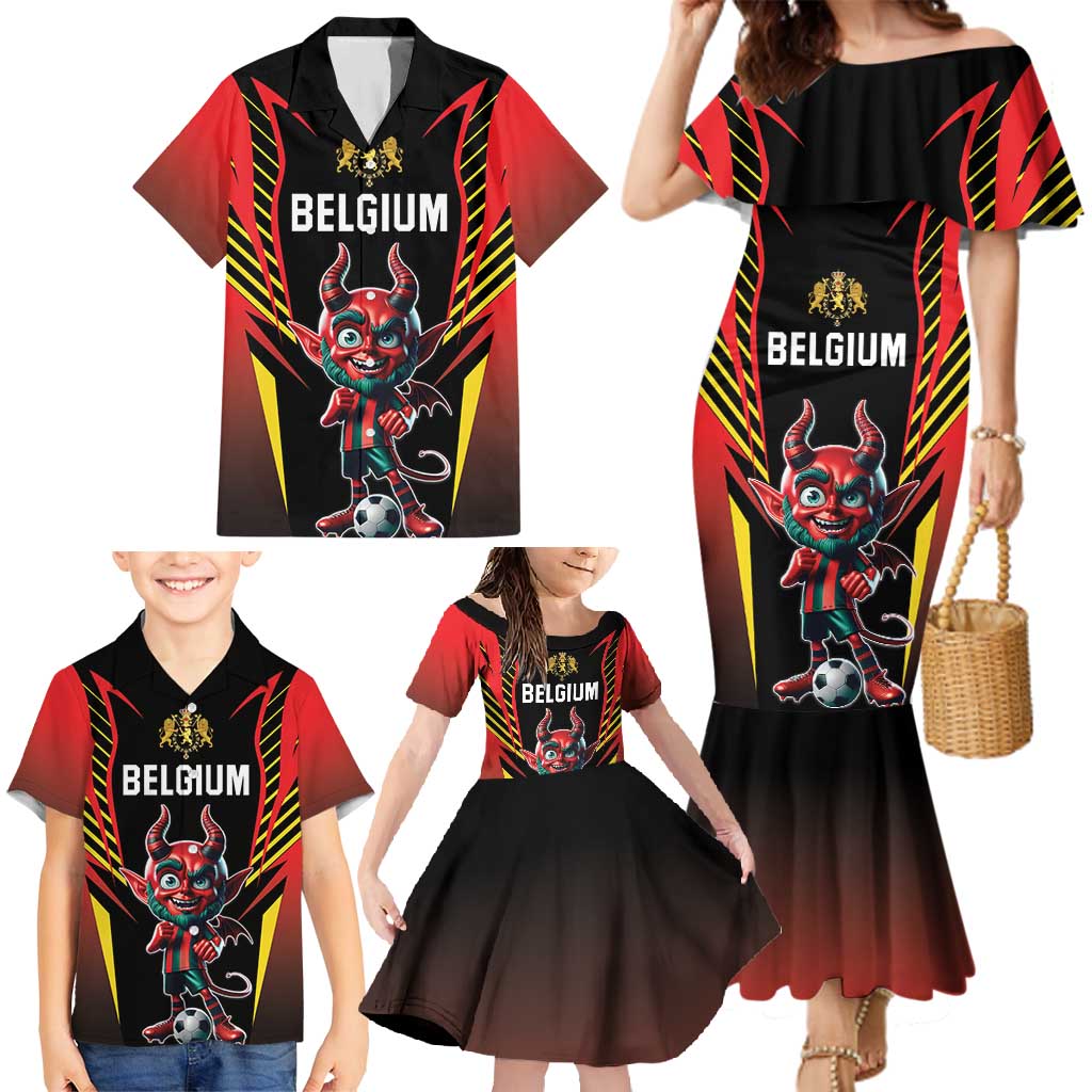 Custom Belgium Football Family Matching Mermaid Dress and Hawaiian Shirt Les Diables rouges Devil Mascot