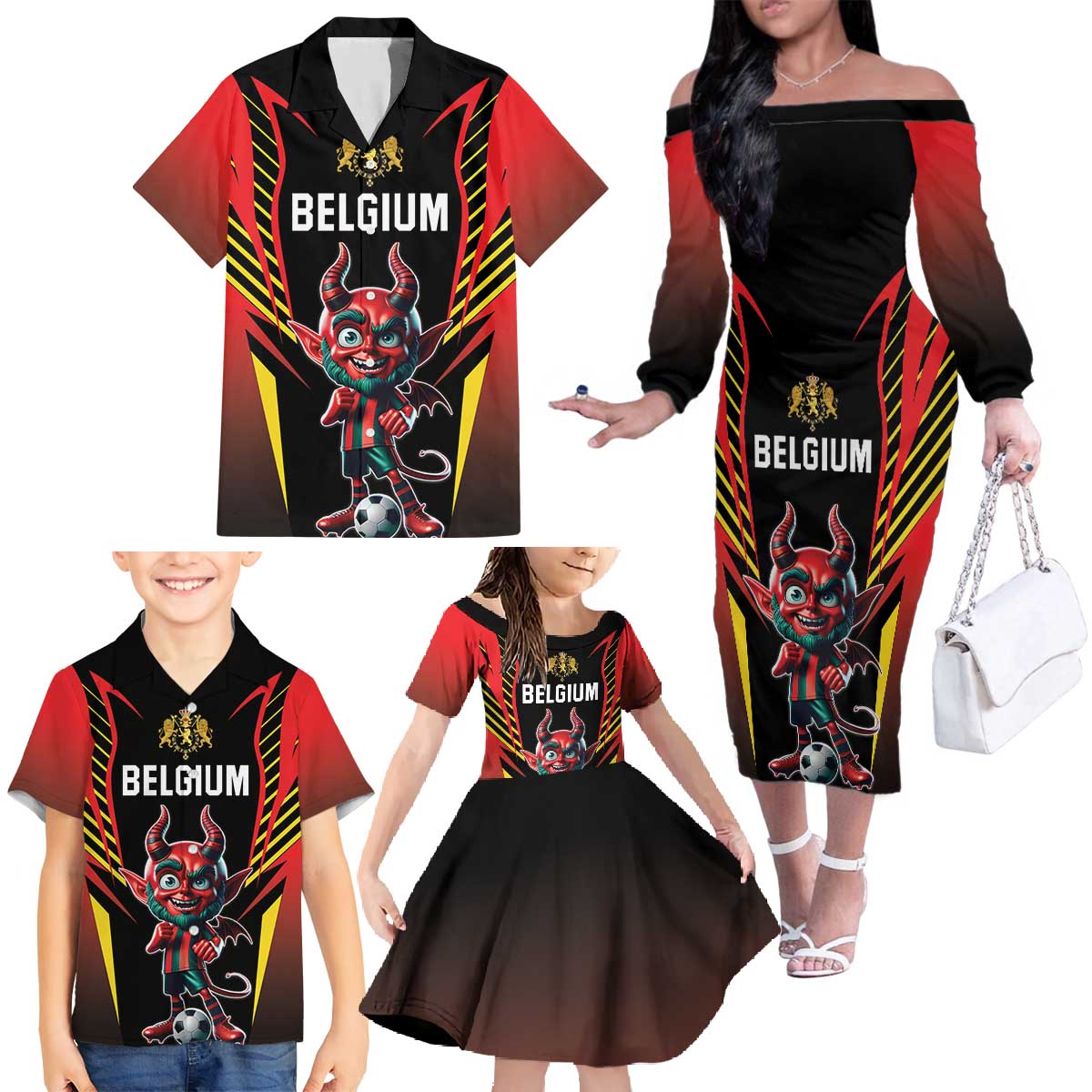 Custom Belgium Football Family Matching Off The Shoulder Long Sleeve Dress and Hawaiian Shirt Les Diables rouges Devil Mascot