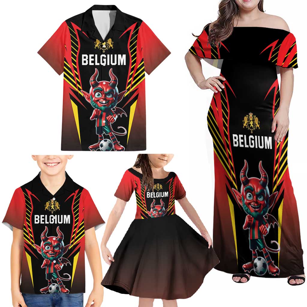 Custom Belgium Football Family Matching Off Shoulder Maxi Dress and Hawaiian Shirt Les Diables rouges Devil Mascot