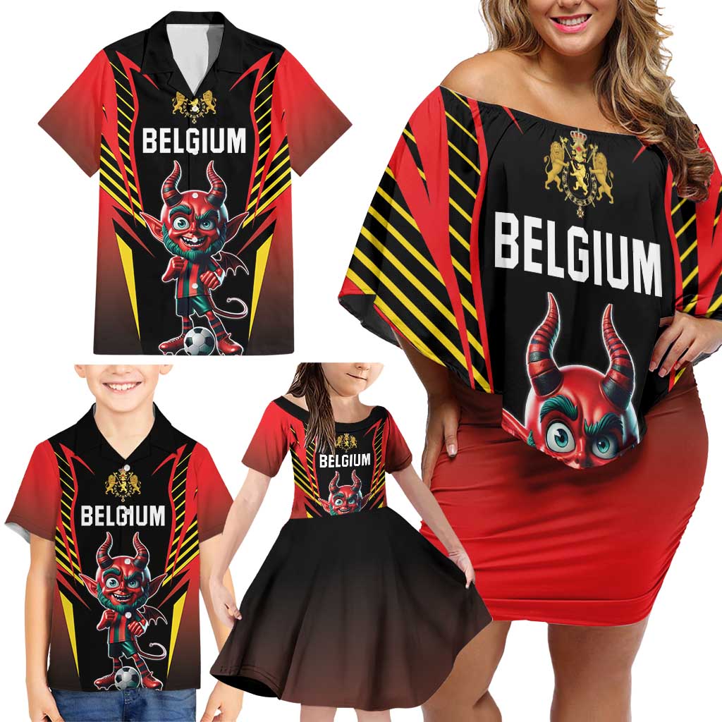 Custom Belgium Football Family Matching Off Shoulder Short Dress and Hawaiian Shirt Les Diables rouges Devil Mascot