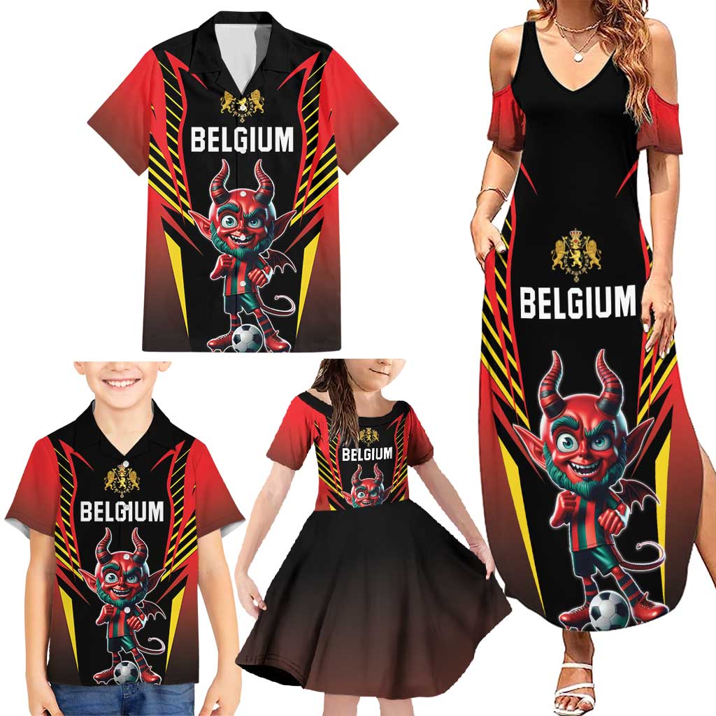 Custom Belgium Football Family Matching Summer Maxi Dress and Hawaiian Shirt Les Diables rouges Devil Mascot