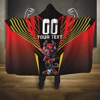 Custom hooded football blanket with devil mascot print and bold yellow stripe design