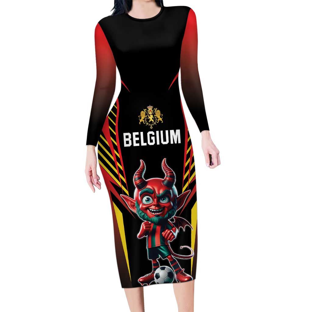 Custom Belgium Football Long Sleeve Bodycon Dress Les Diables rouges Devil Mascot