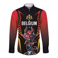 Black long-sleeve button shirt with Belgium devil mascot and soccer ball graphic